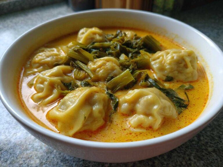 Close-up of a white bowl filled with rich, orange coconut curry soup with dumplings and green leafy vegetables.