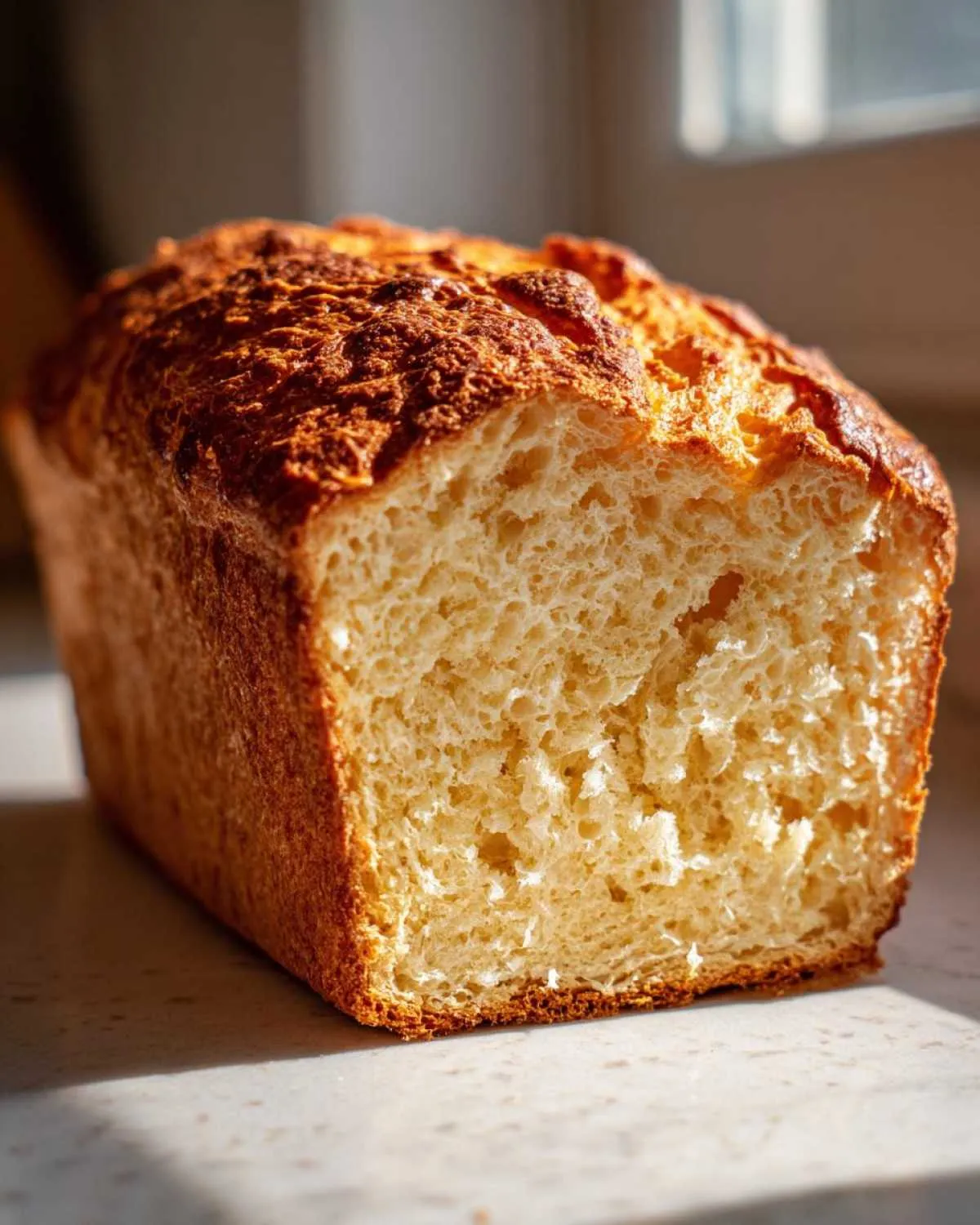 Close-up of a freshly baked loaf of condensed milk bread, showing the rich golden crust and soft, airy interior crumb.
