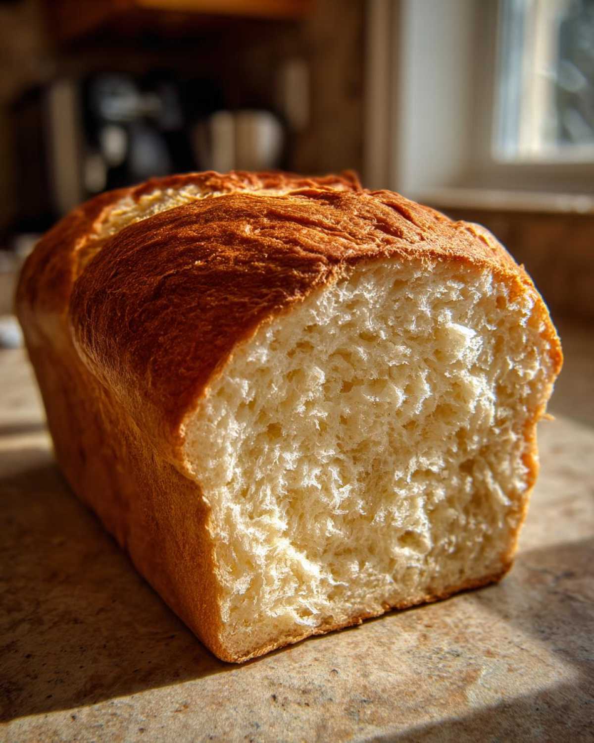 Close-up of a soft, golden-brown loaf of homemade condensed milk bread with a fluffy interior.