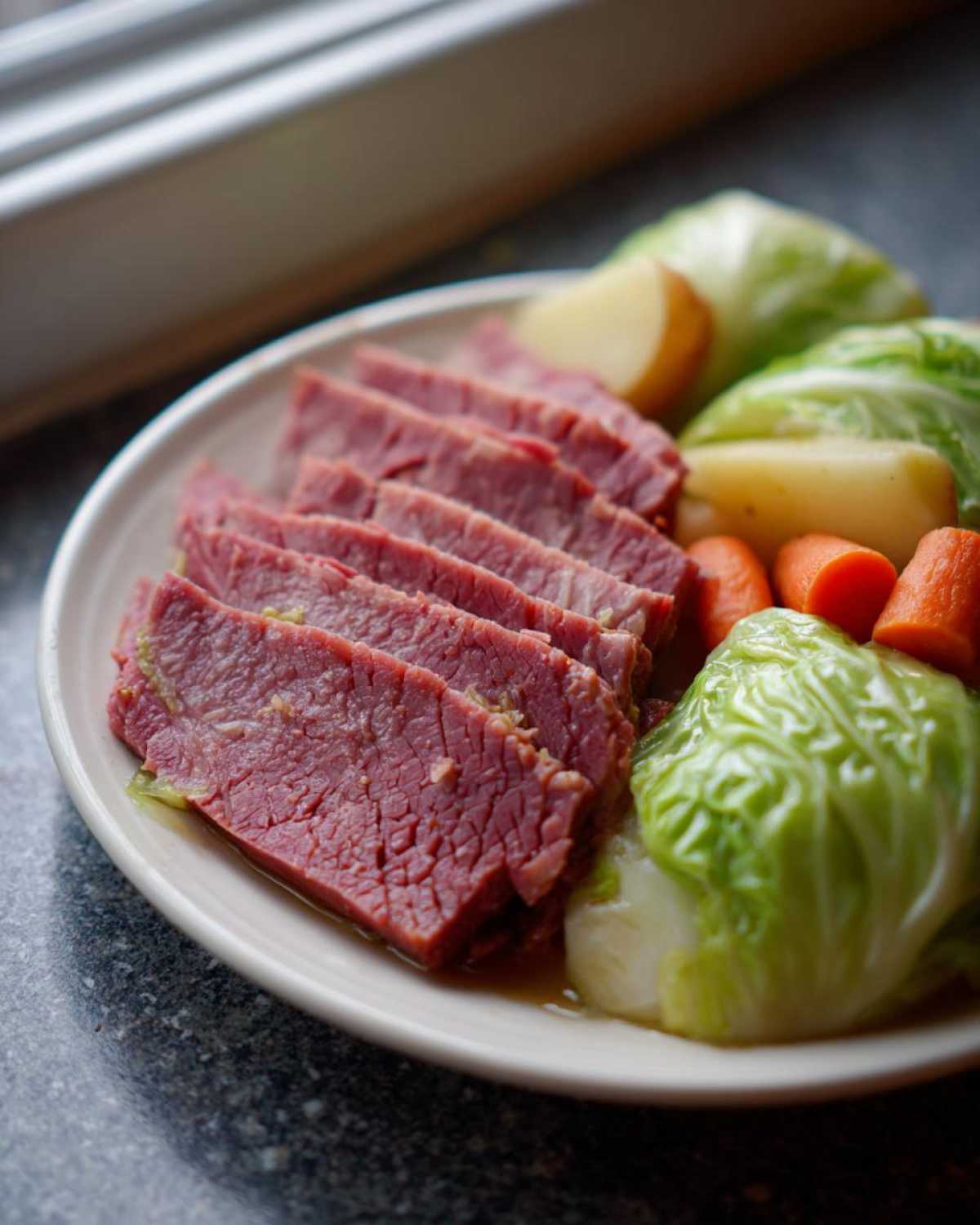 A plate featuring tender slices of corned beef and cabbage, potatoes, and carrots, the classic corned beef and cabbage meal.