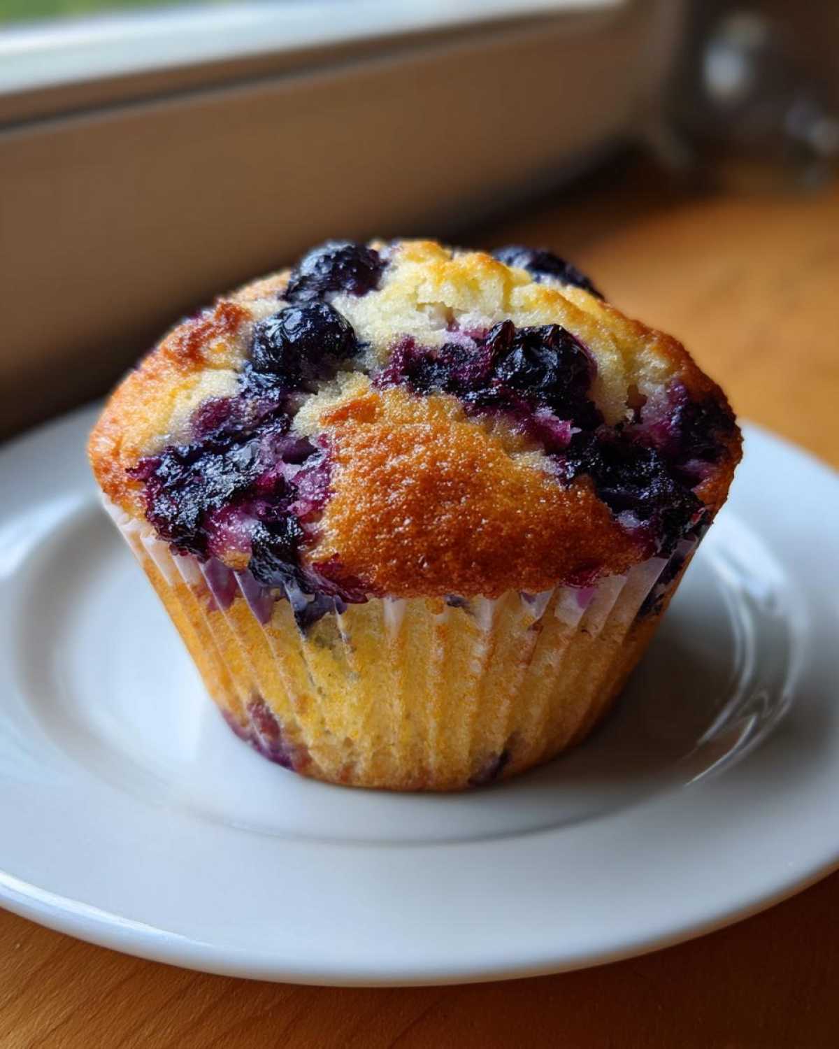 A single, golden-brown cottage cheese blueberry muffin sitting on a white plate, showcasing juicy berries.