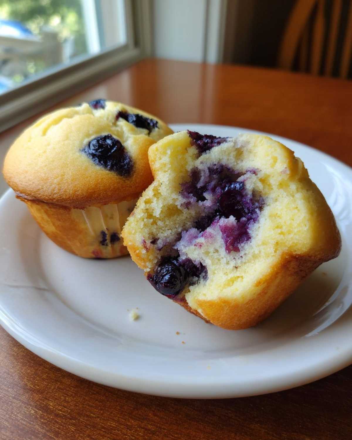 Two cottage cheese blueberry muffins on a white plate, one broken open showing moist crumb and juicy blueberries.