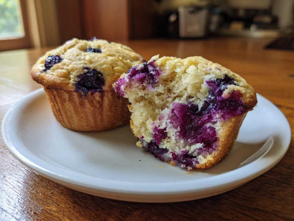 Two cottage cheese blueberry muffins on a white plate, one broken in half showing the moist interior and burst blueberries.