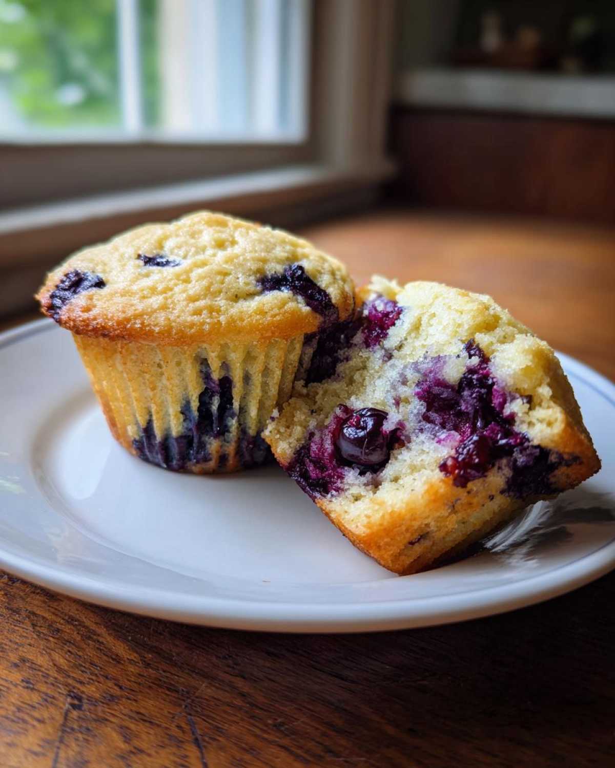 Two cottage cheese blueberry muffins, one whole and one halved to show the moist interior packed with blueberries.