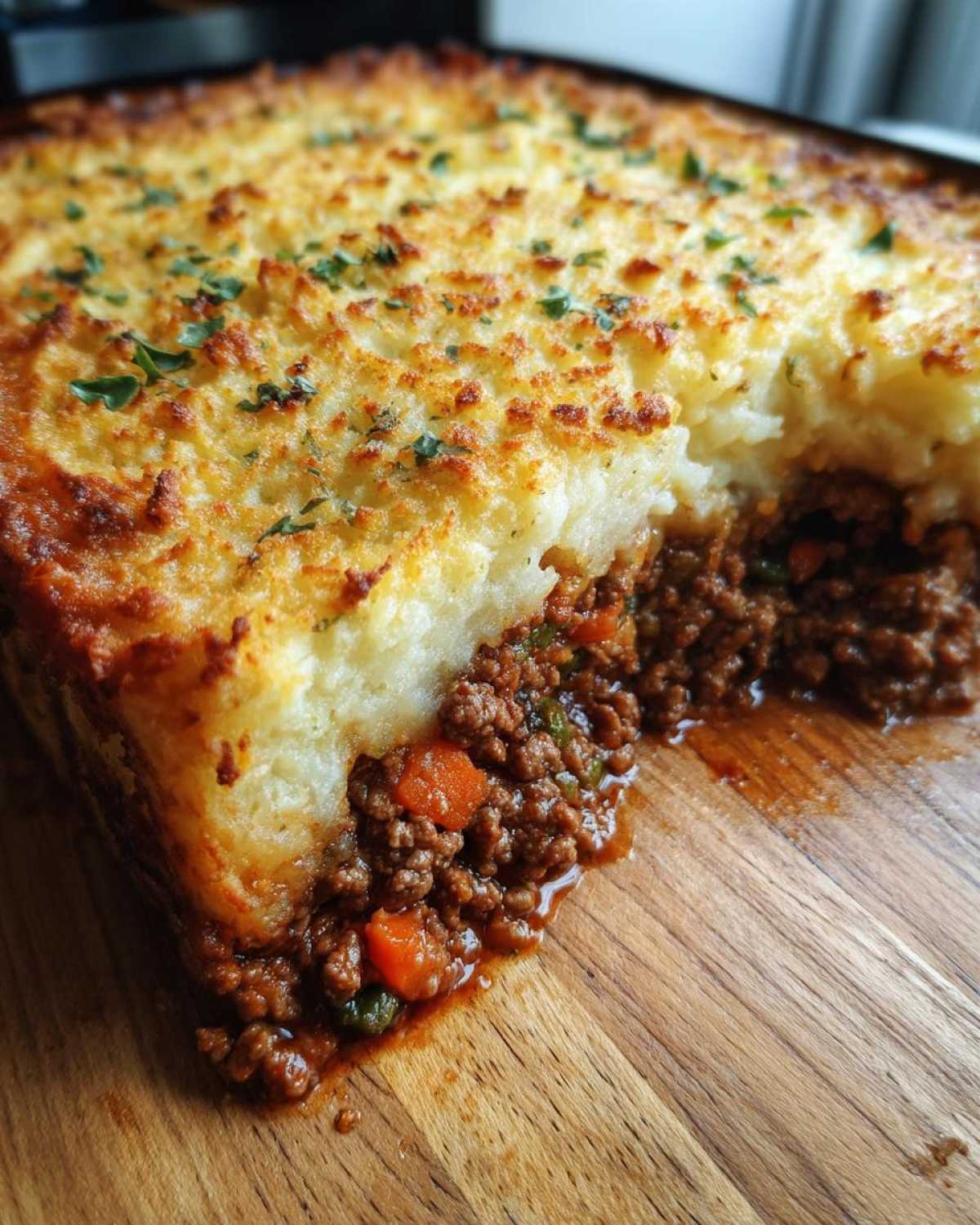 A close-up view showing a serving removed from a cottage pie recipe, revealing rich meat filling and golden mashed potato topping.