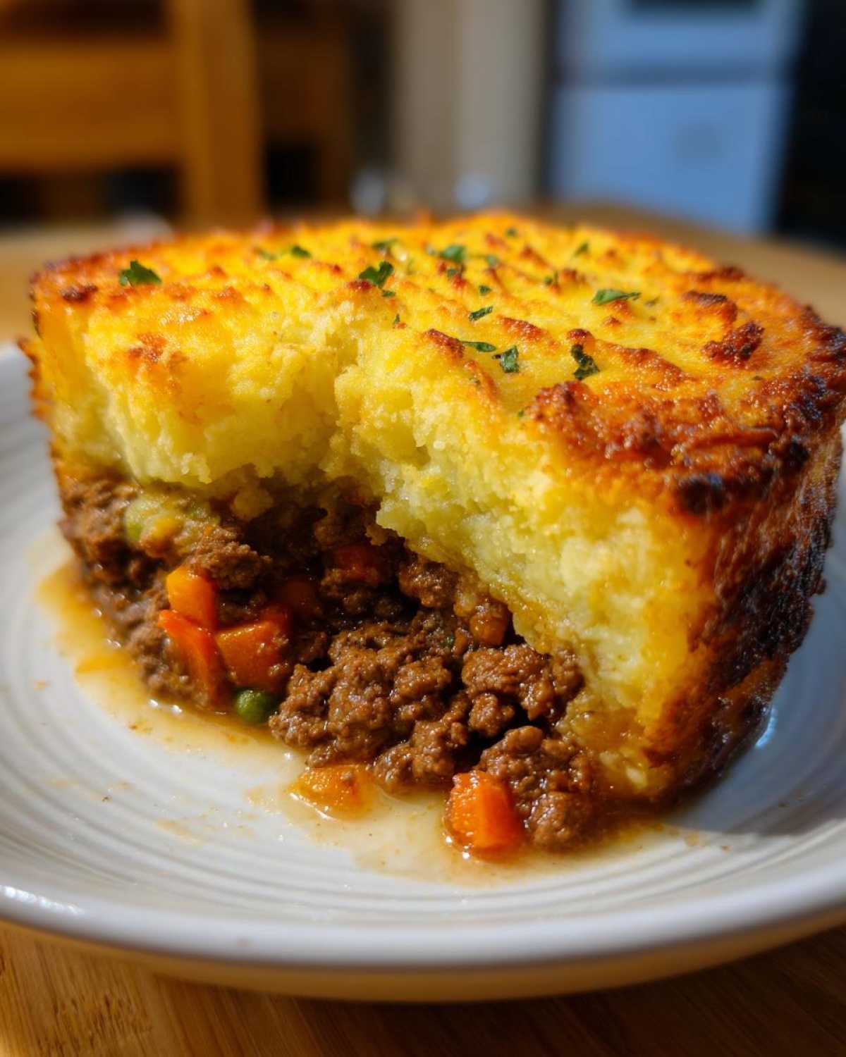 A close-up of a serving of cottage pie recipe showing the rich meat filling and golden, crispy mashed potato topping.