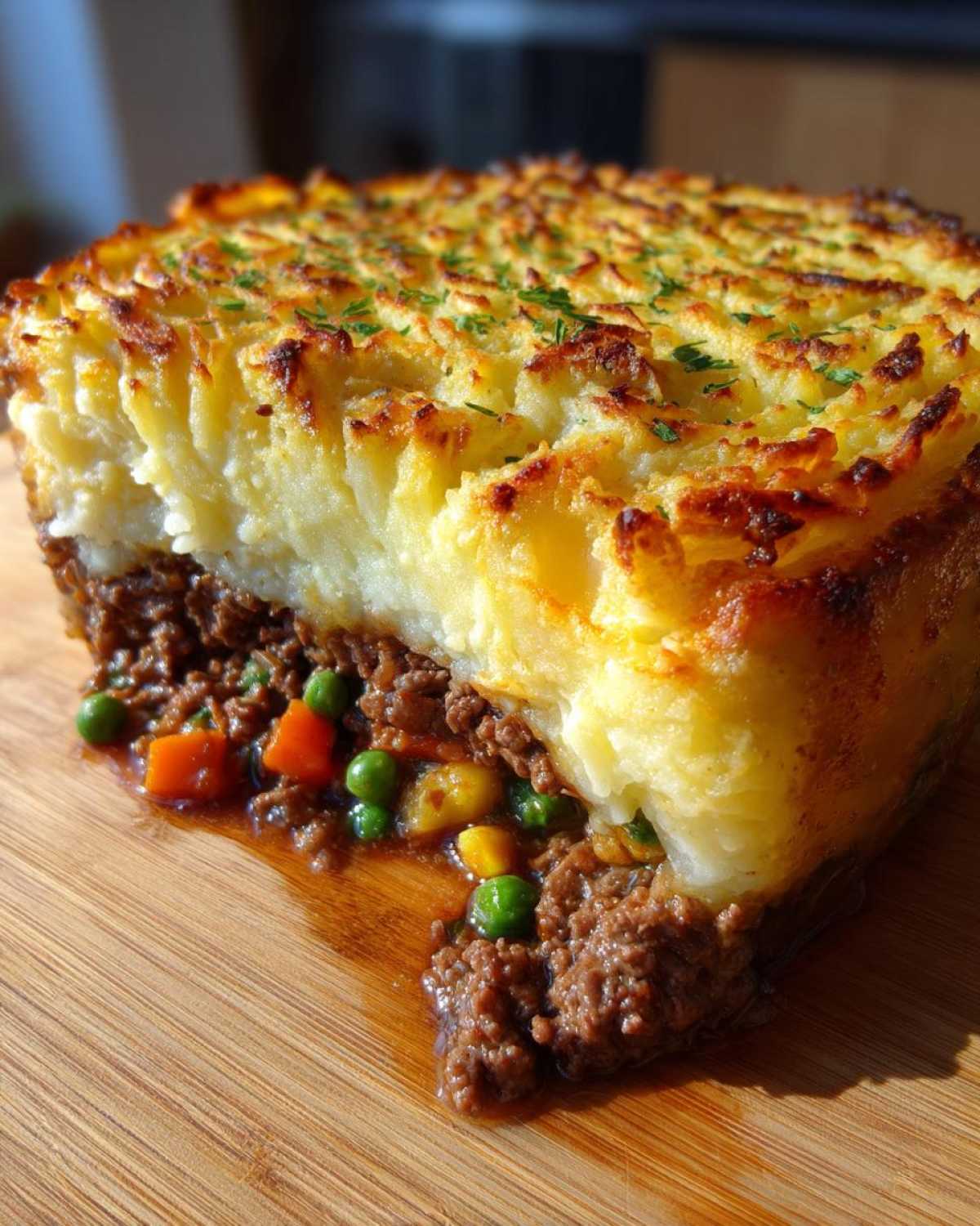 A close-up cross-section of a rich cottage pie recipe showing a thick layer of browned mashed potato topping over savory minced meat and vegetables.