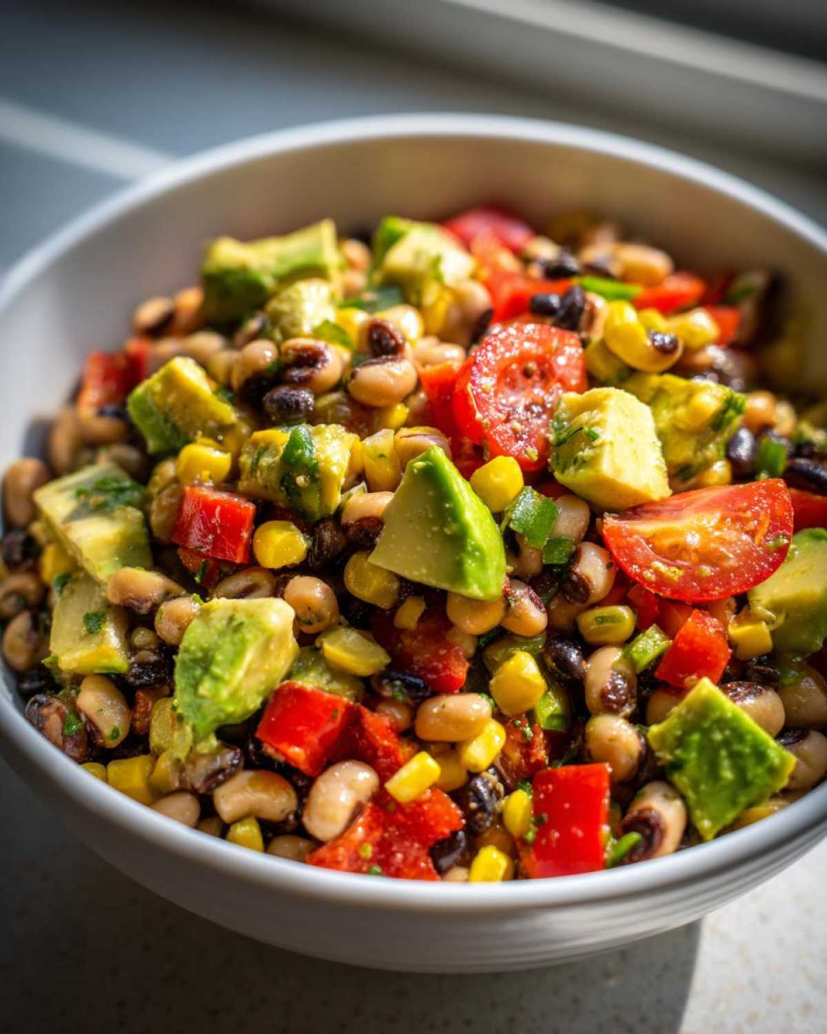 Close-up of a vibrant cowboy caviar recipe mixed with black beans, corn, avocado, and tomatoes in a white bowl.