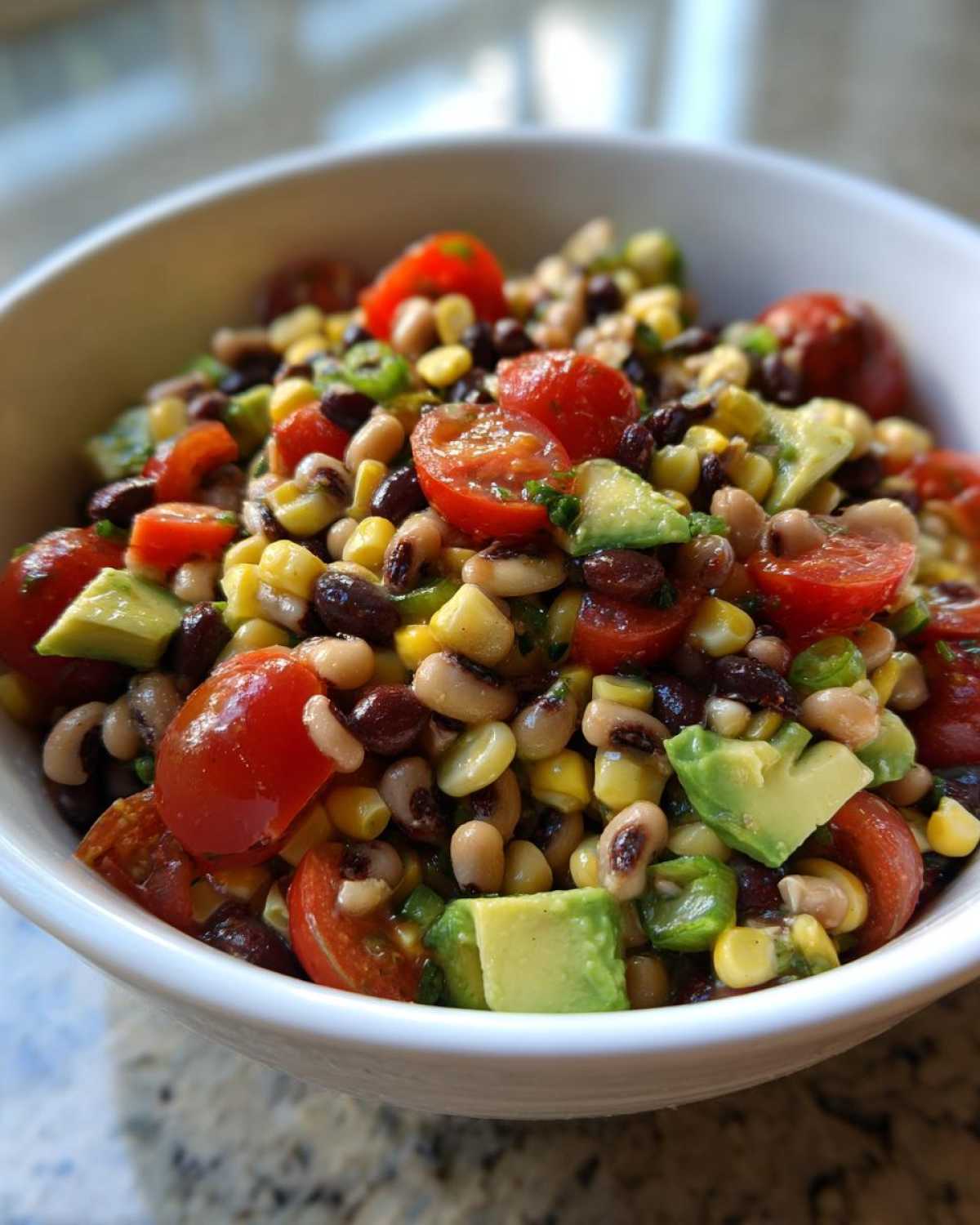 Close-up of a vibrant cowboy caviar recipe featuring black-eyed peas, corn, avocado, and cherry tomatoes.