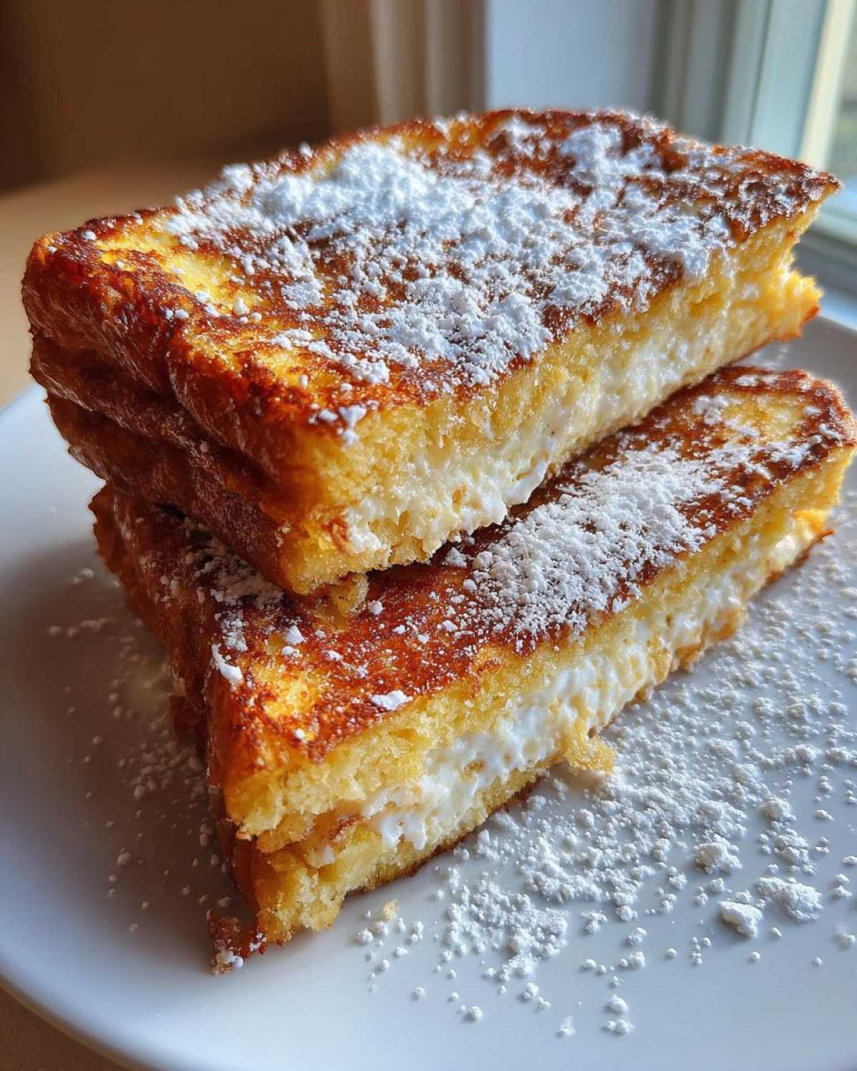 Two slices of thick, golden brown easy french toast stuffed with cream cheese and dusted with powdered sugar.