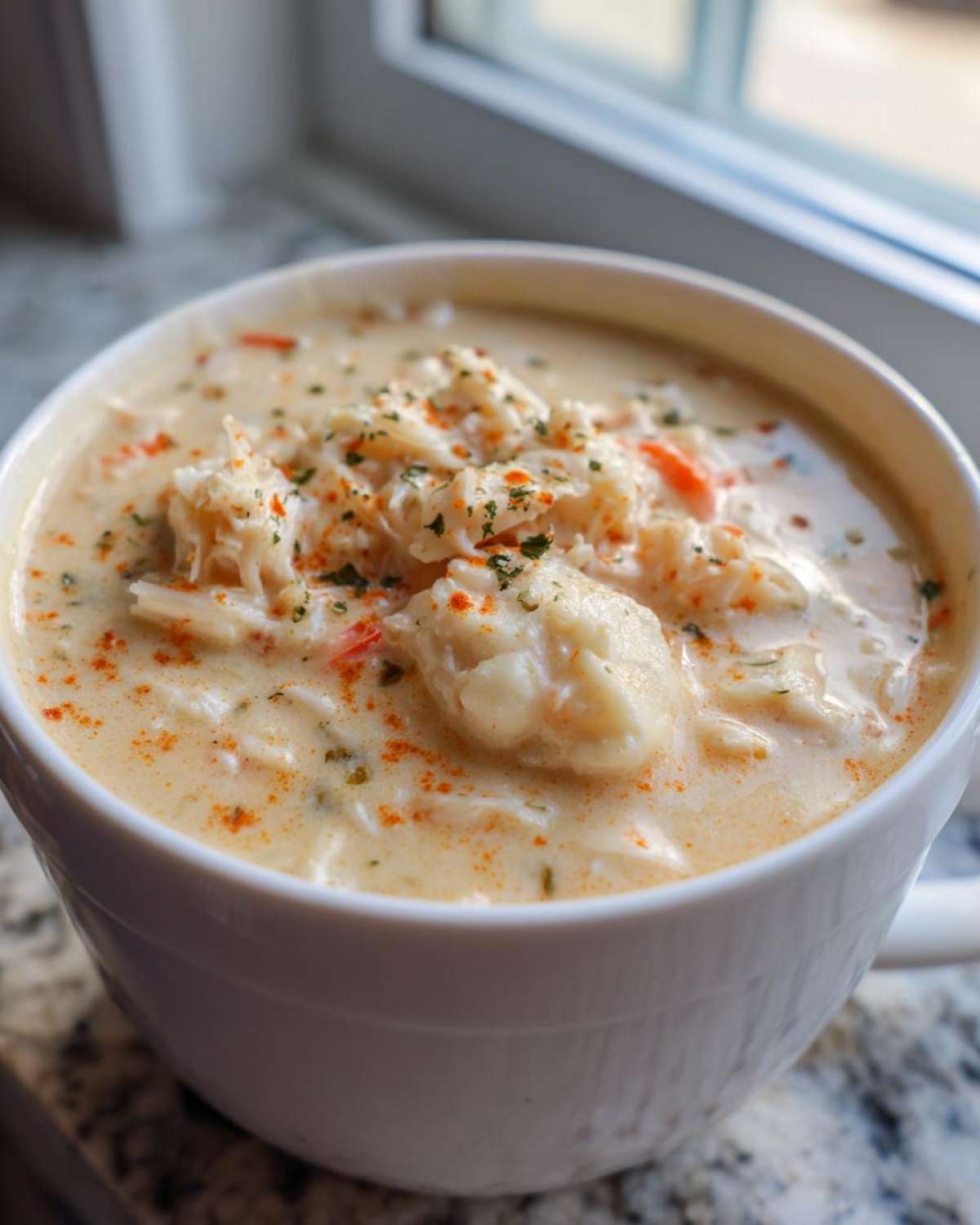 Close-up of a creamy bowl of crab soup topped with shredded crab meat, paprika, and herbs.