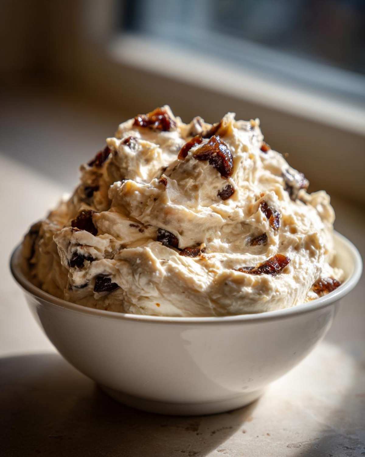 A white bowl filled high with creamy caramelized onion dip, topped with dark, rich caramelized onion pieces.