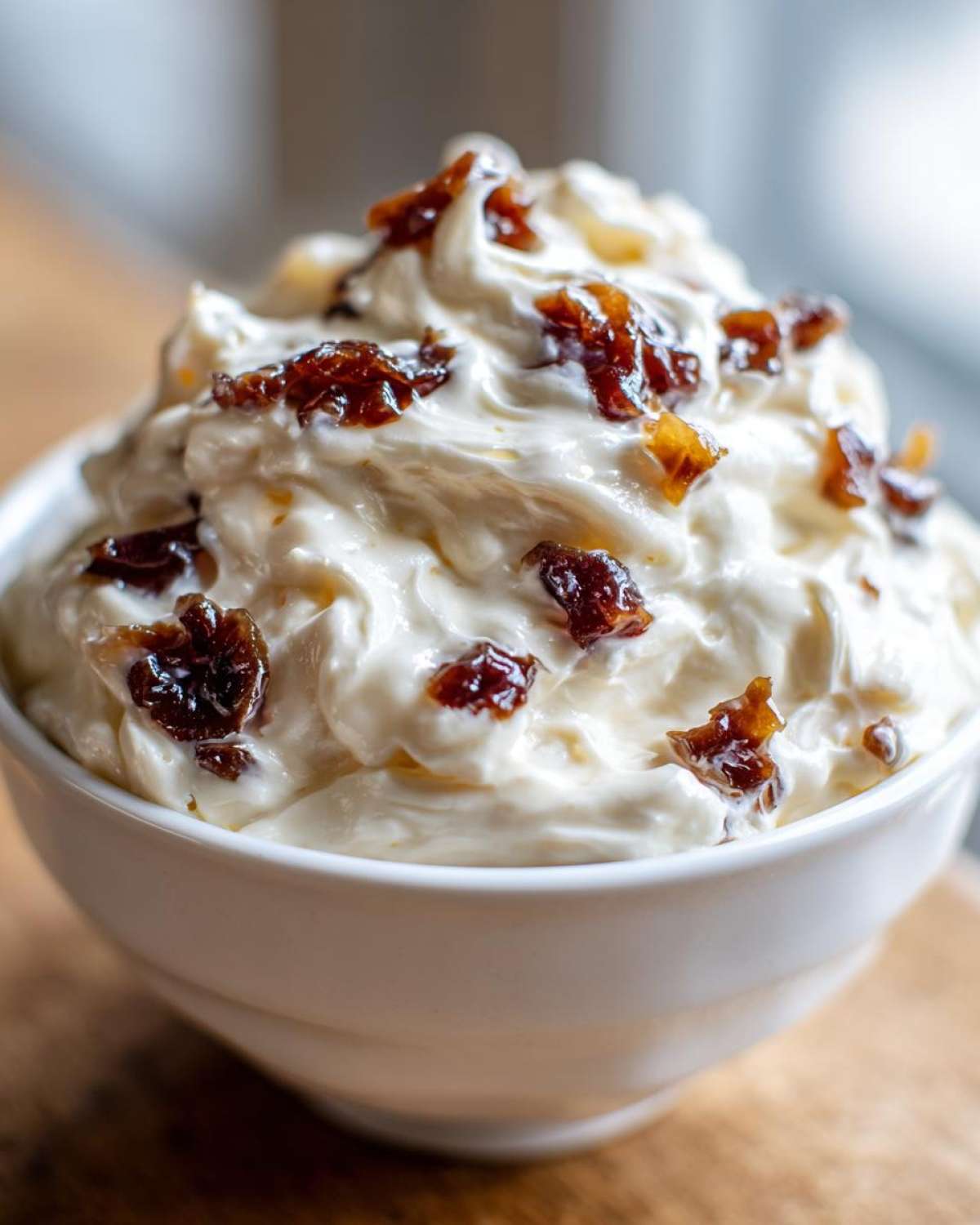 Close-up of a white bowl filled with creamy caramelized onion dip, topped with dark, rich caramelized onions.