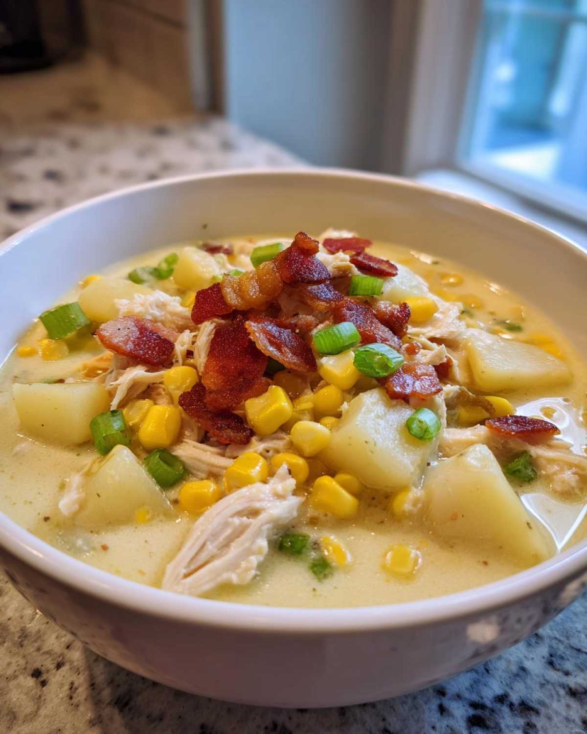 A close-up of a creamy bowl of chicken corn chowder topped with shredded chicken, corn, potatoes, bacon, and green onions.