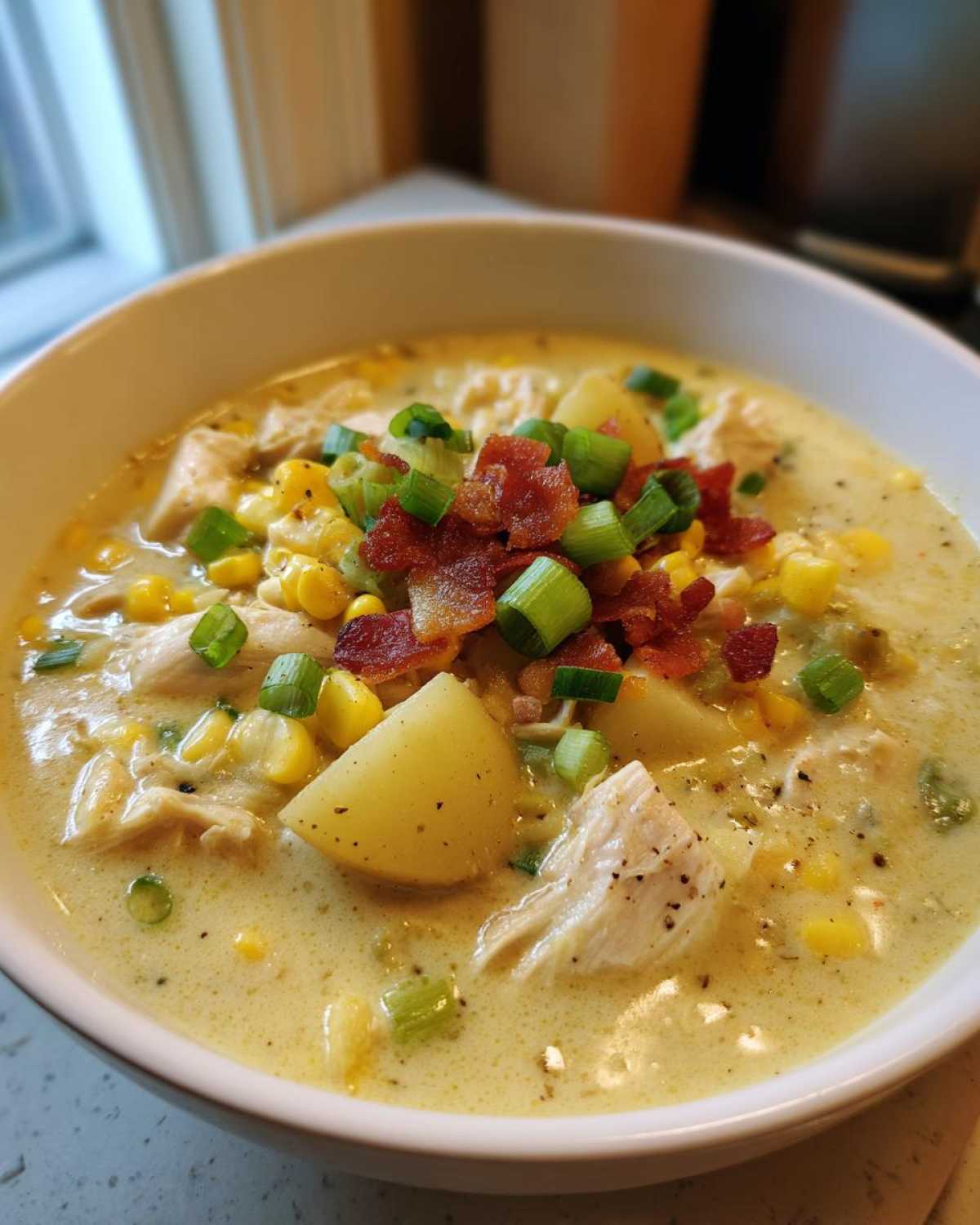 A close-up of a creamy bowl of chicken corn chowder topped with potatoes, bacon, and green onions.