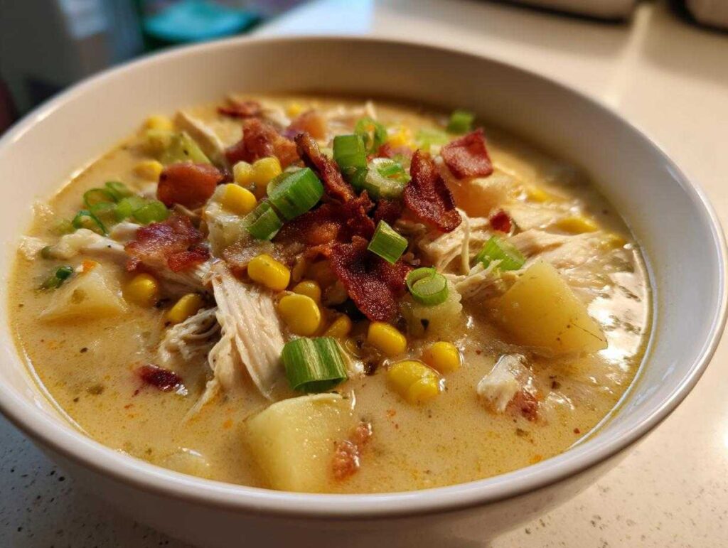 Close-up of a creamy bowl of chicken corn chowder topped with bacon and green onions.