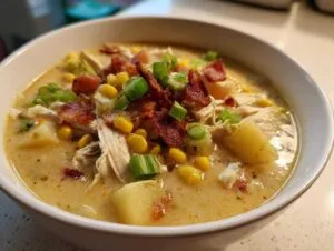 Close-up of a creamy bowl of chicken corn chowder topped with bacon and green onions.