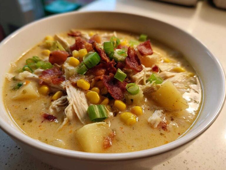Close-up of a creamy bowl of chicken corn chowder topped with bacon and green onions.