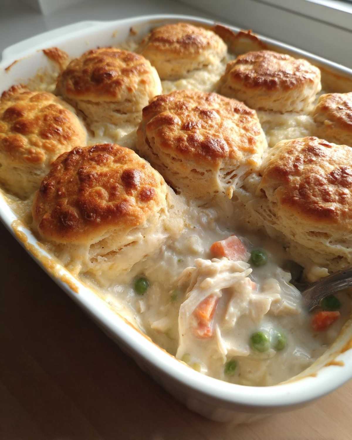 Close-up of a creamy chicken pot pie topped with golden brown biscuits, showing chicken, peas, and carrots.
