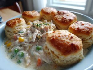 A bowl of creamy chicken pot pie filling topped with golden biscuits and fresh parsley.