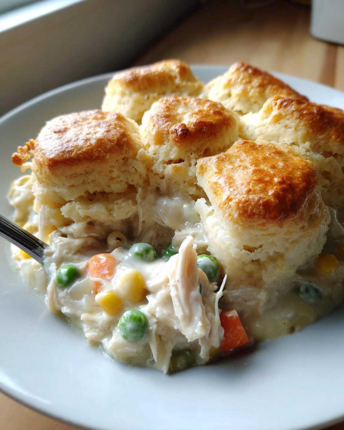 A spoonful of creamy chicken pot pie filling with vegetables is lifted from a serving topped with golden biscuits.