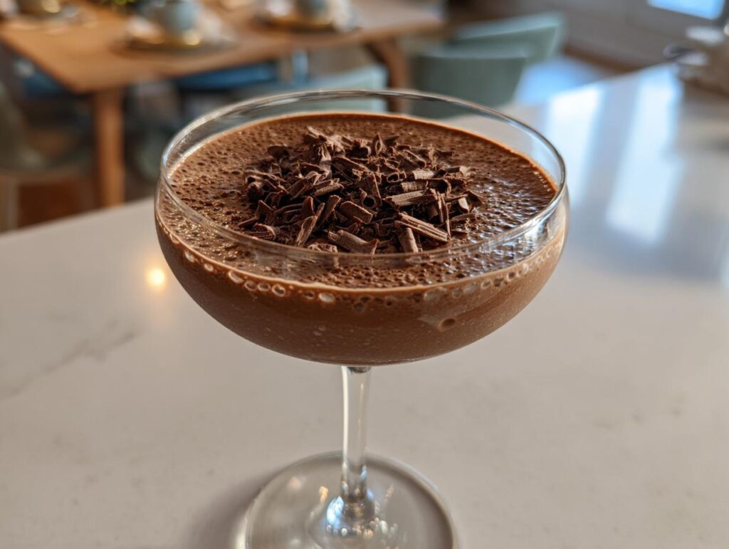 A creamy chocolate martini served in a coupe glass, topped generously with dark chocolate shavings.