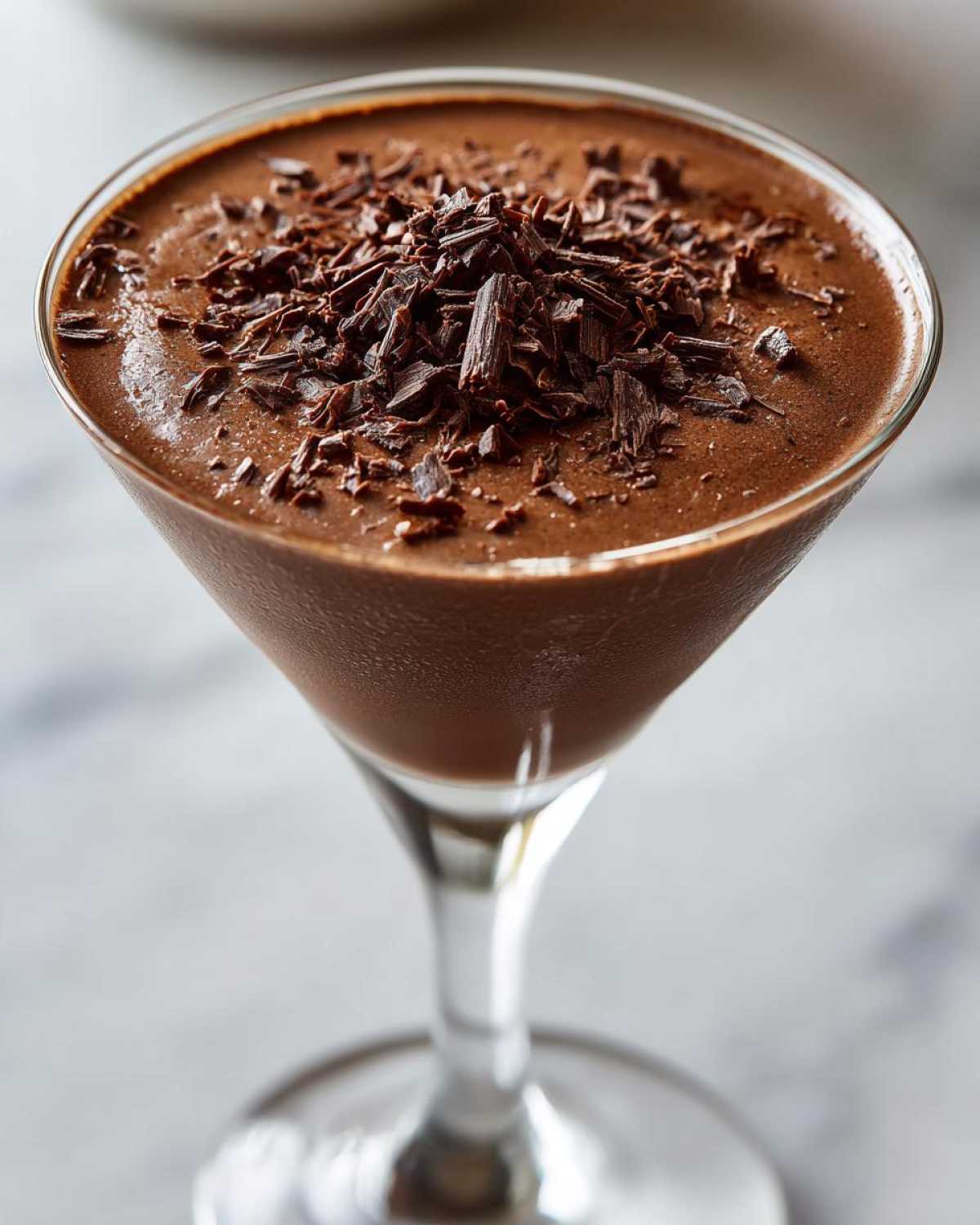 Close-up of a creamy chocolate martini in a glass, garnished generously with dark chocolate shavings.