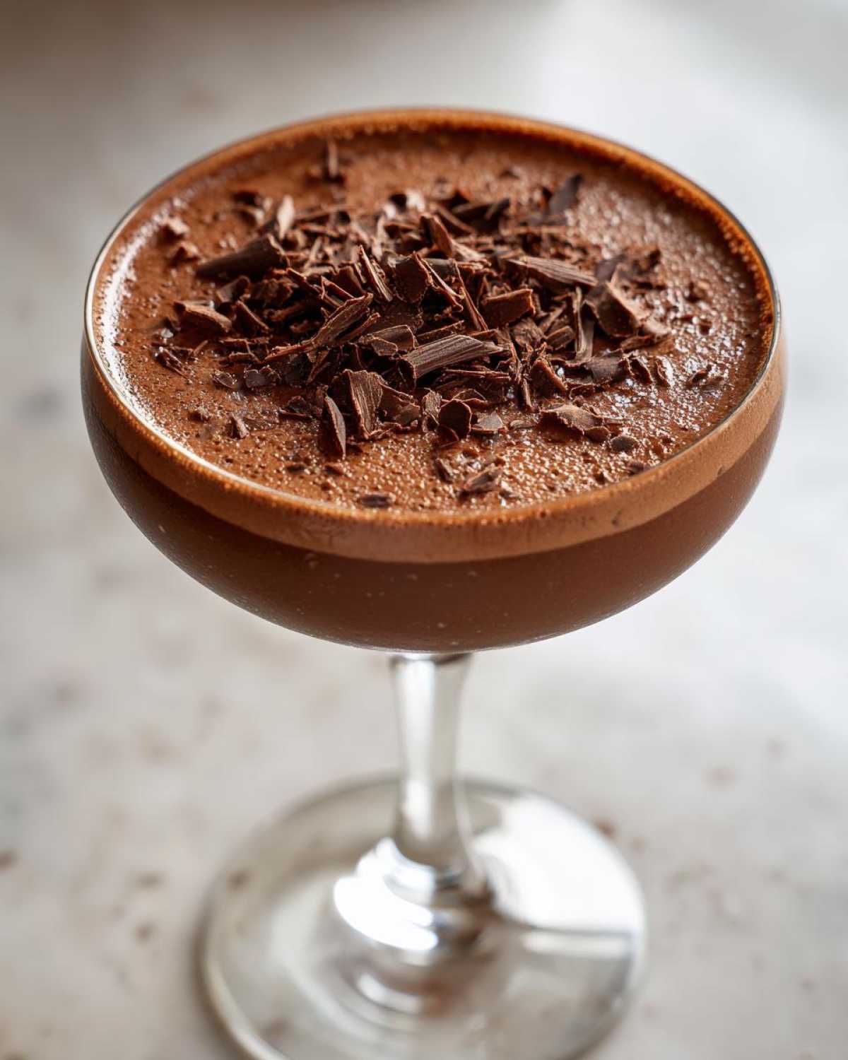 Close-up of a creamy chocolate martini garnished with dark chocolate shavings in a coupe glass.