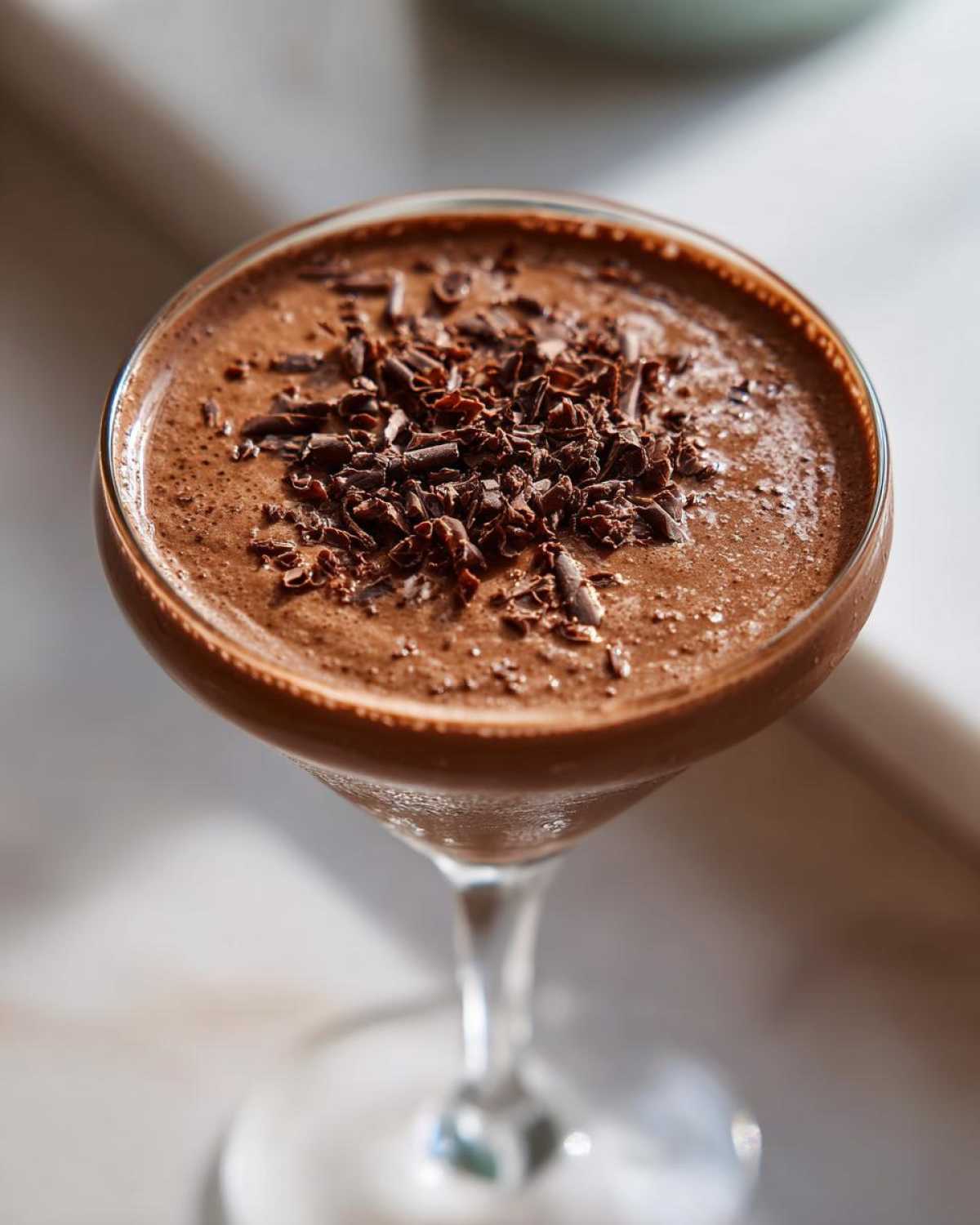 Close-up of a creamy chocolate martini in a coupe glass, topped with dark chocolate shavings.