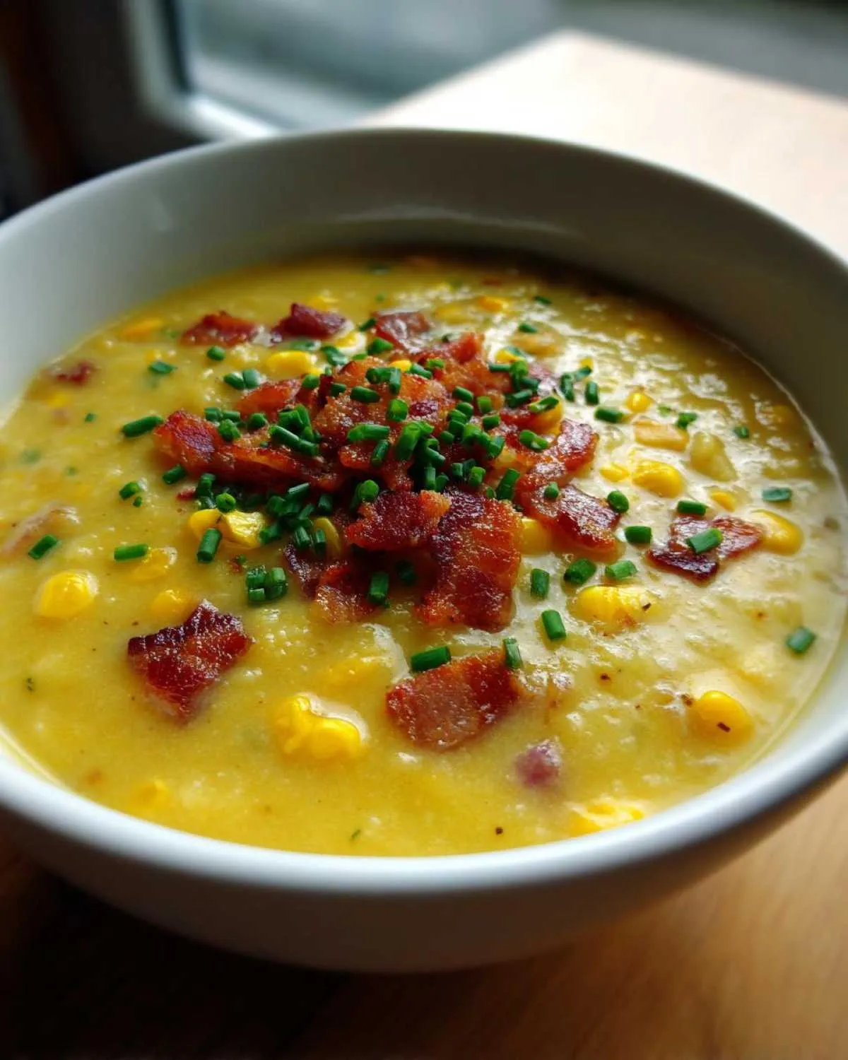 Close-up of a white bowl filled with rich, creamy corn chowder topped with crispy bacon bits and fresh chives.