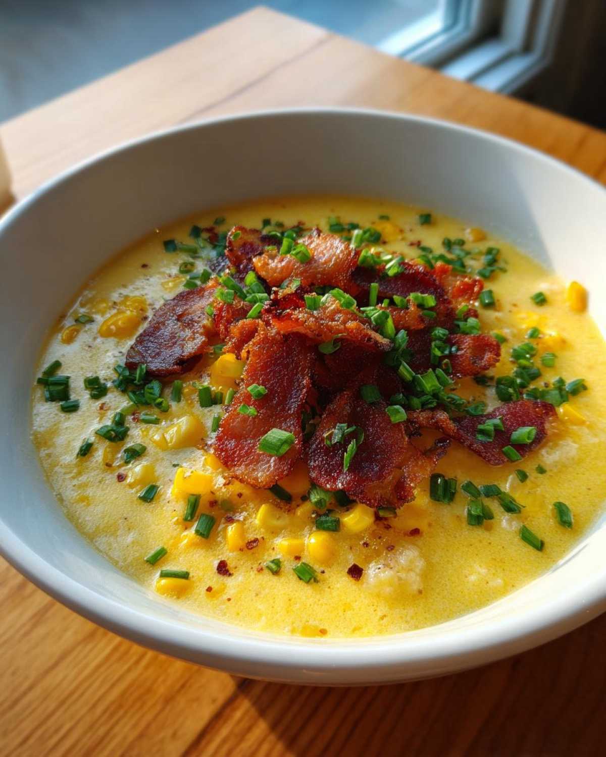 A close-up of a bowl of rich, yellow creamy corn chowder topped generously with crispy bacon pieces and fresh chives.