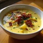 A close-up of a bowl of creamy corn chowder topped generously with crispy bacon bits and fresh chives.