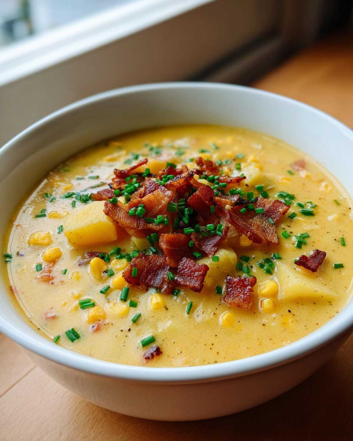 Close-up of a bowl of rich, yellow creamy corn chowder topped generously with crispy bacon bits and fresh chives.