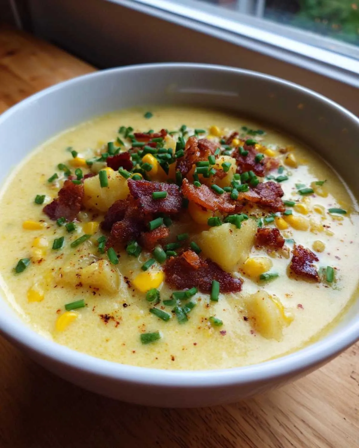 Close-up of a bowl of creamy corn chowder topped with crispy bacon, potatoes, and fresh chives.