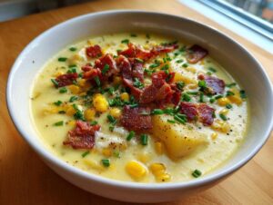A close-up of a white bowl filled with creamy corn chowder, topped generously with crispy bacon bits and fresh chives.