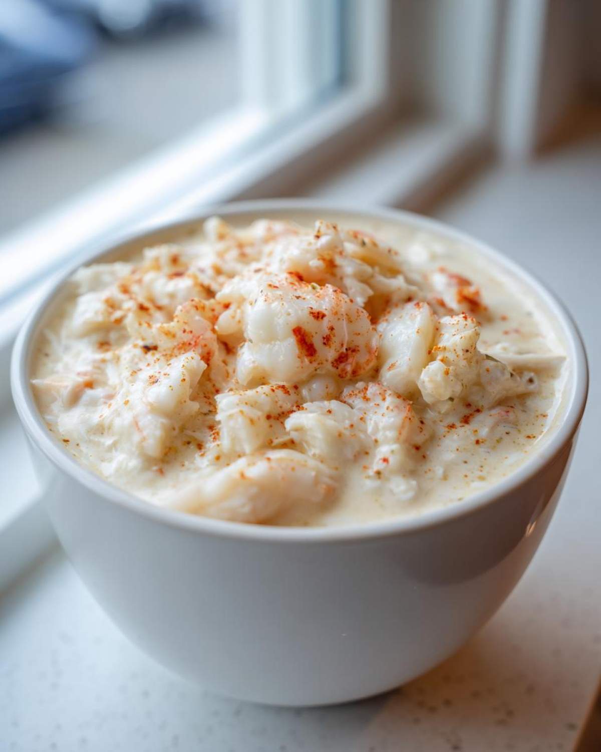 A close-up of a white bowl filled with rich, creamy crab soup generously topped with visible chunks of crab meat and paprika.