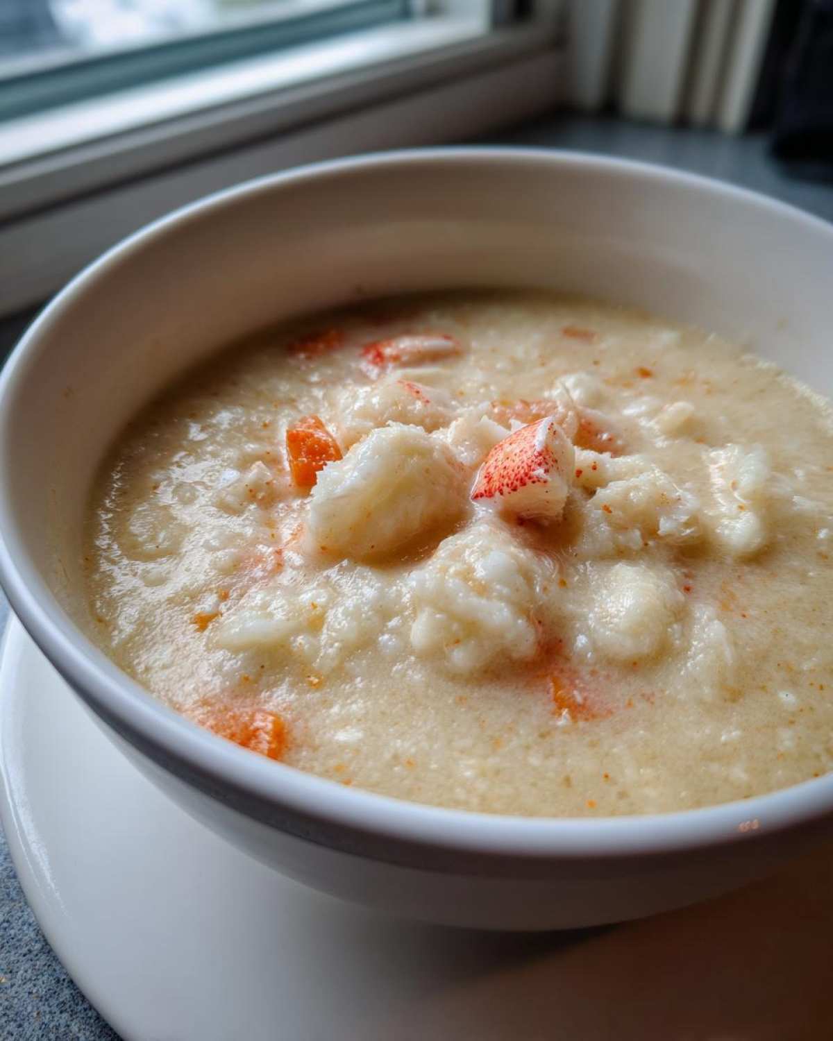 Close-up of a creamy, thick crab soup topped with generous chunks of white and red crab meat.
