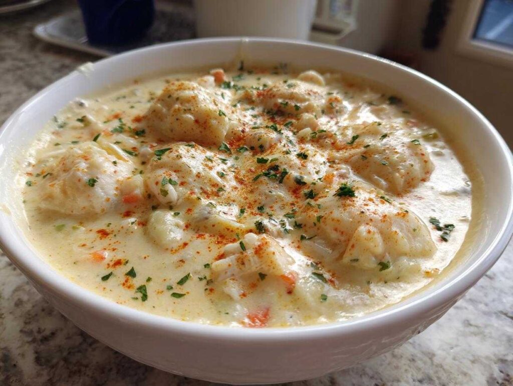 Close-up of a white bowl filled with rich, creamy crab soup, topped with crab meat, parsley, and paprika.