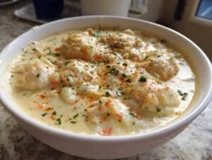 Close-up of a white bowl filled with rich, creamy crab soup, topped with crab meat, parsley, and paprika.