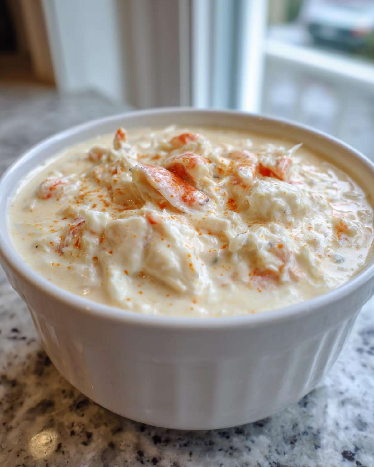 A close-up of a rich, creamy crab soup loaded with white crab meat, sprinkled with paprika, served in a white bowl.