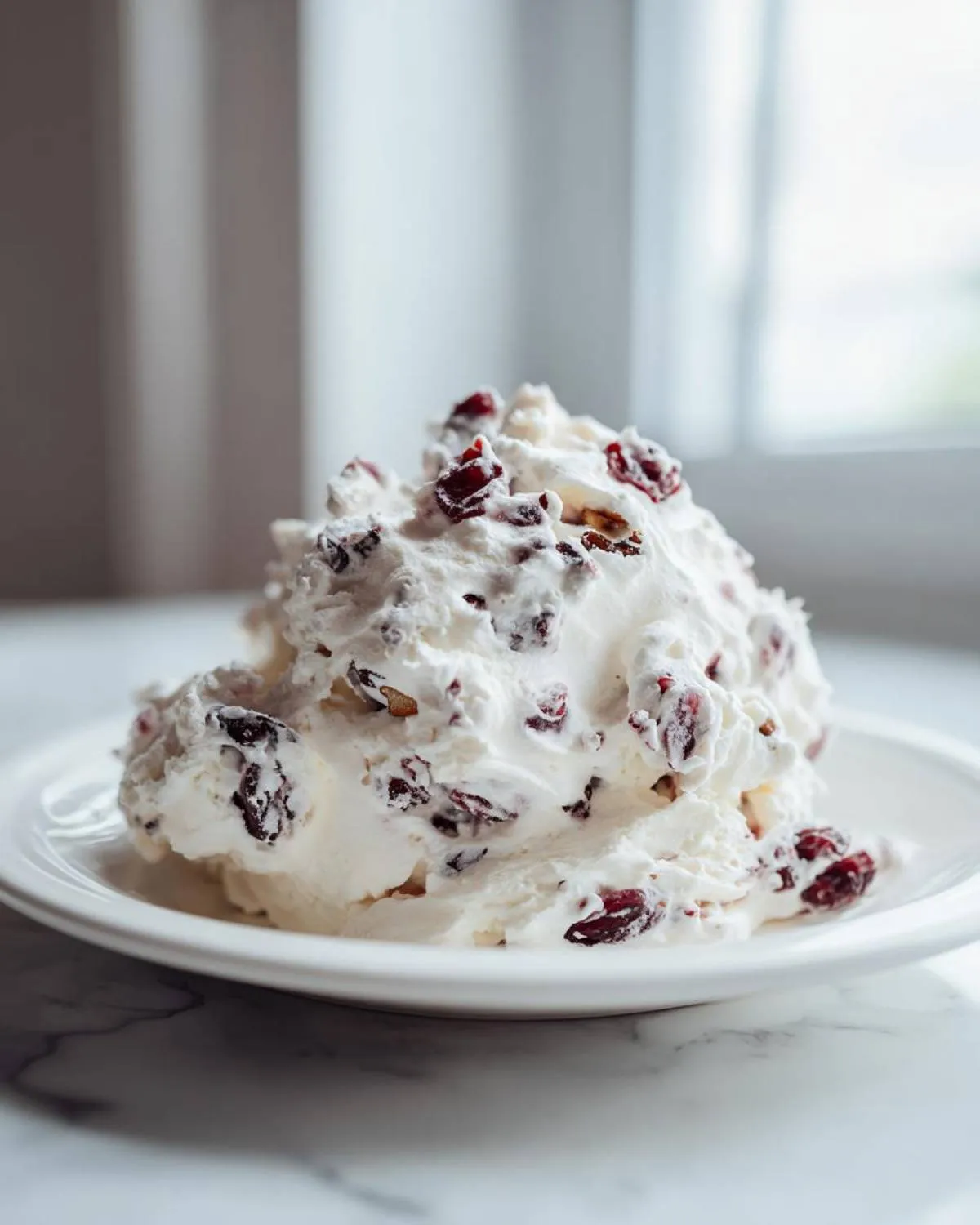 A scoop of fluffy white cranberry salad mixed with dried cranberries served on a white plate.