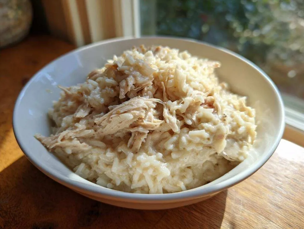 A close-up of creamy crockpot chicken and rice served in a white bowl, highlighted by natural light.