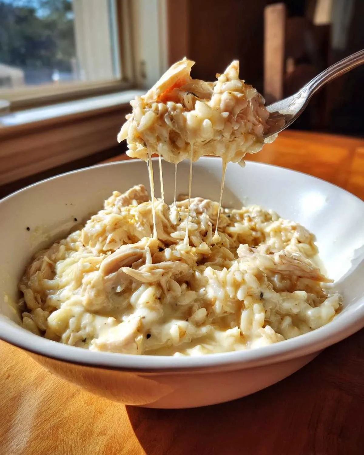 A fork lifting a cheesy, creamy portion of crockpot chicken and rice, showing long cheese pulls.