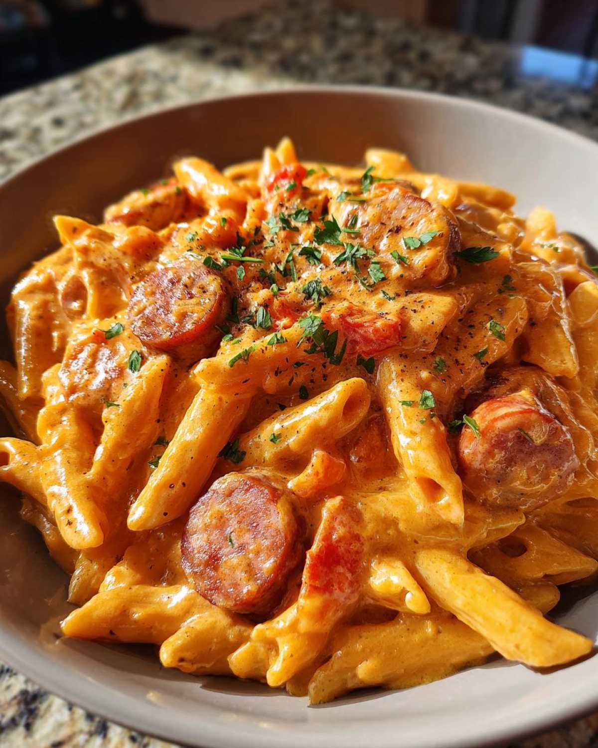 Close-up of creamy kielbasa pasta featuring penne noodles, sliced smoked sausage, and fresh parsley garnish.