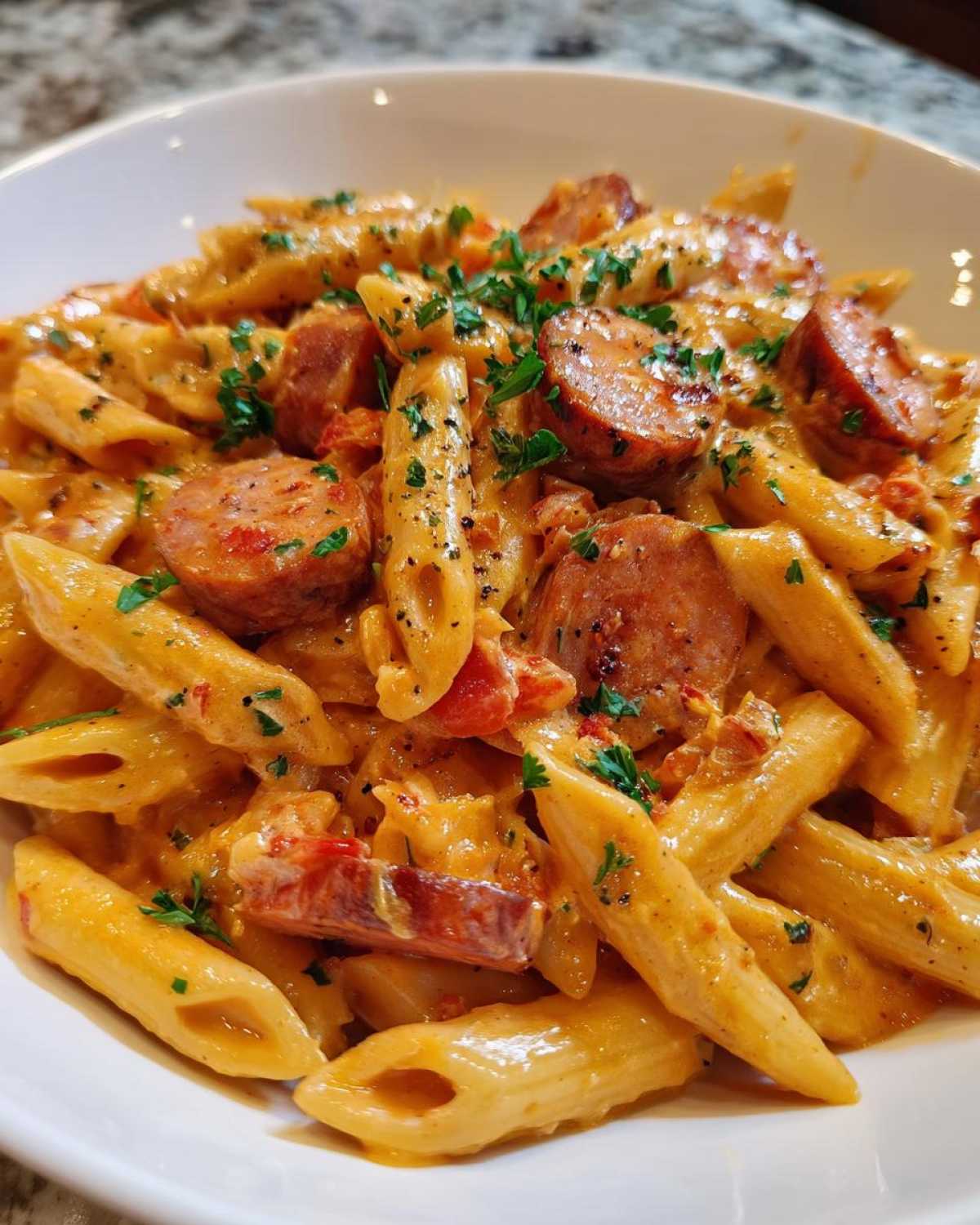 Close-up of creamy kielbasa pasta made with penne, garnished with fresh parsley.