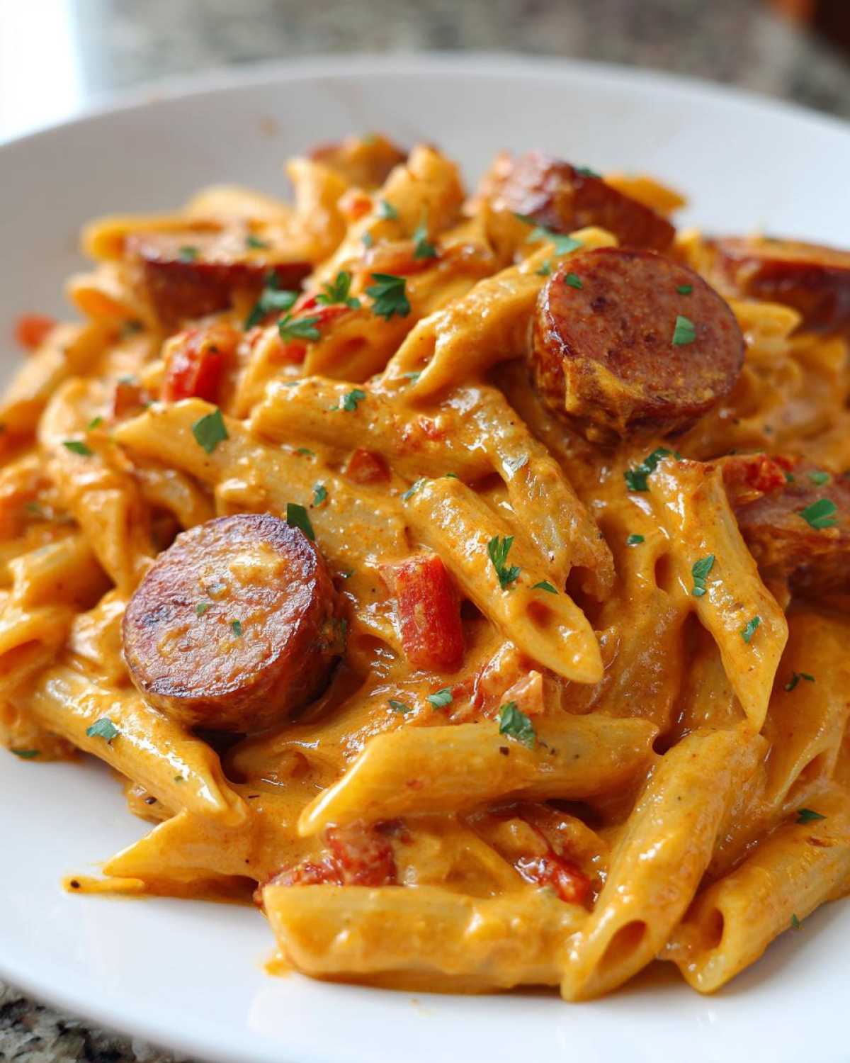 Close-up of creamy, orange-sauced penne pasta mixed with sliced, browned kielbasa sausage, a perfect kielbasa pasta dish.