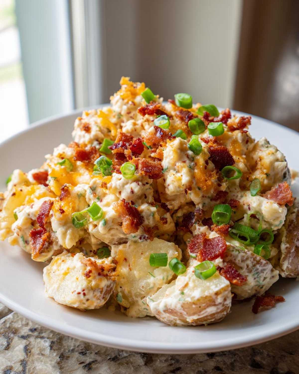 A close-up of creamy loaded baked potato salad topped with shredded cheese, bacon bits, and fresh green onions.