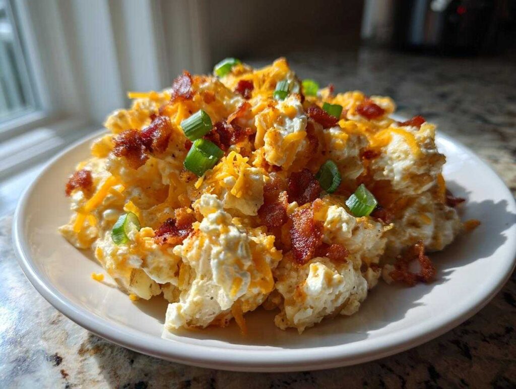 A generous serving of creamy loaded baked potato salad topped with shredded cheddar, bacon bits, and green onions.