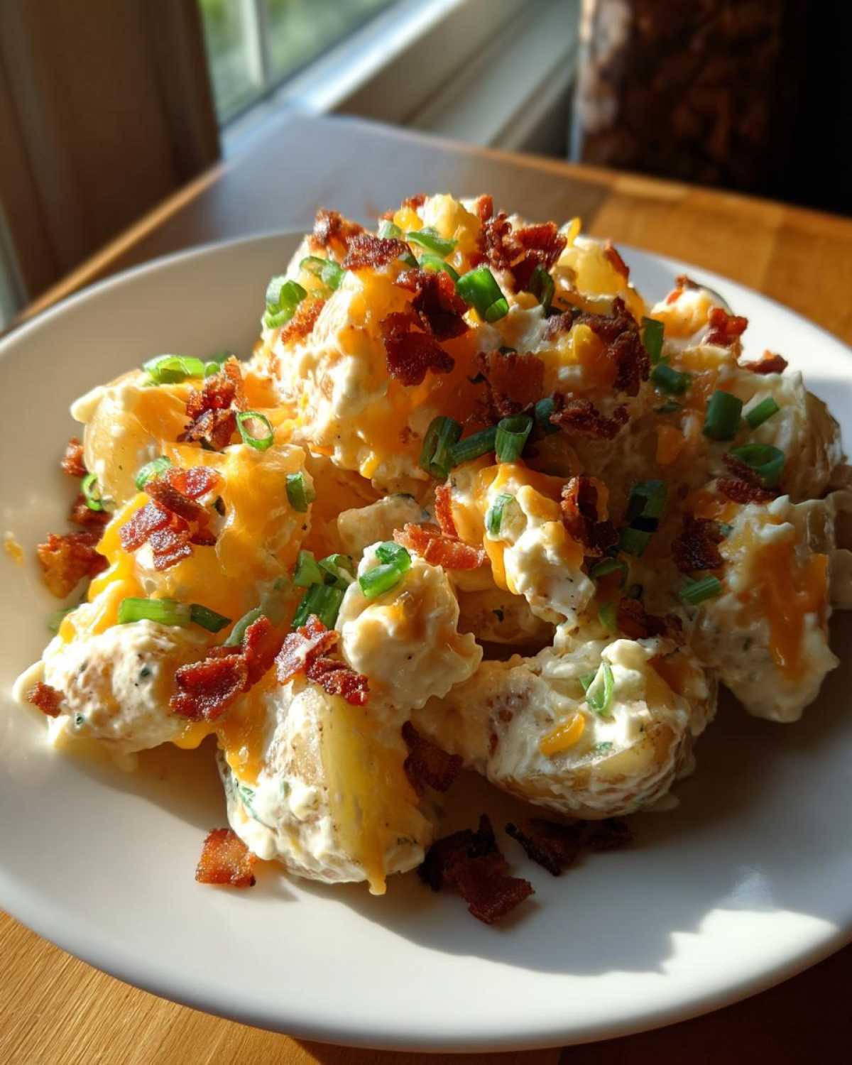 A close-up serving of creamy loaded baked potato salad topped generously with shredded cheddar, bacon bits, and chopped green onions.