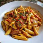 Close-up of creamy kielbasa pasta featuring penne, sliced sausage, and tomatoes, garnished with parsley.